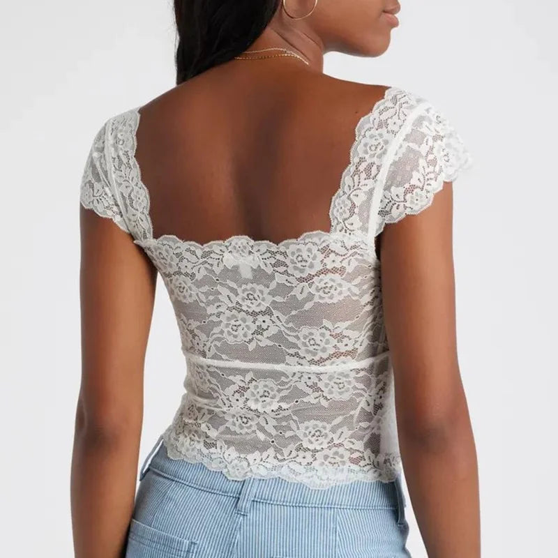 Lace Cap Sleeve Square Neck Crop Top Secondary image