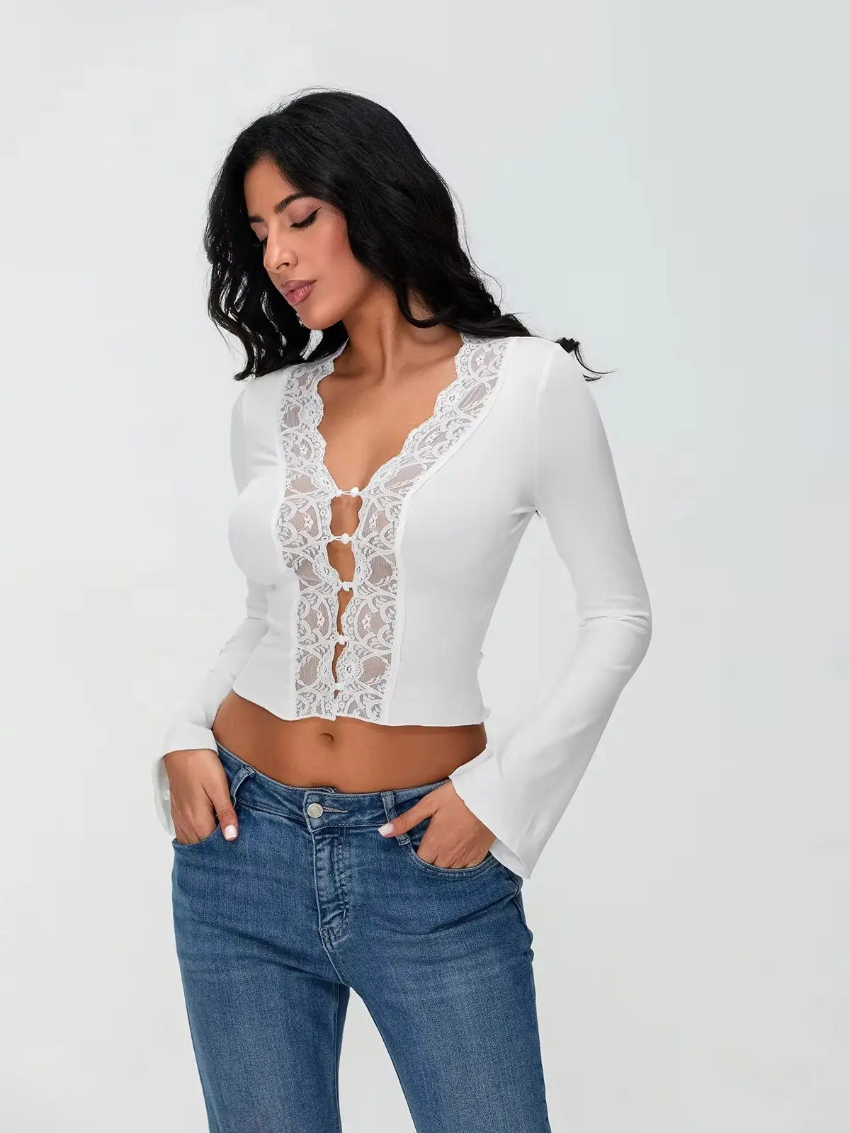 Lace Trim Long Sleeve V-neck Button Blouse Secondary image