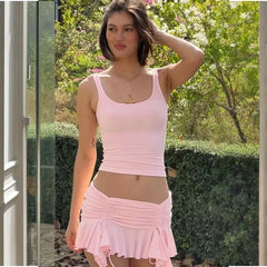 Pleated Tank Skirt Pink Knit Set
