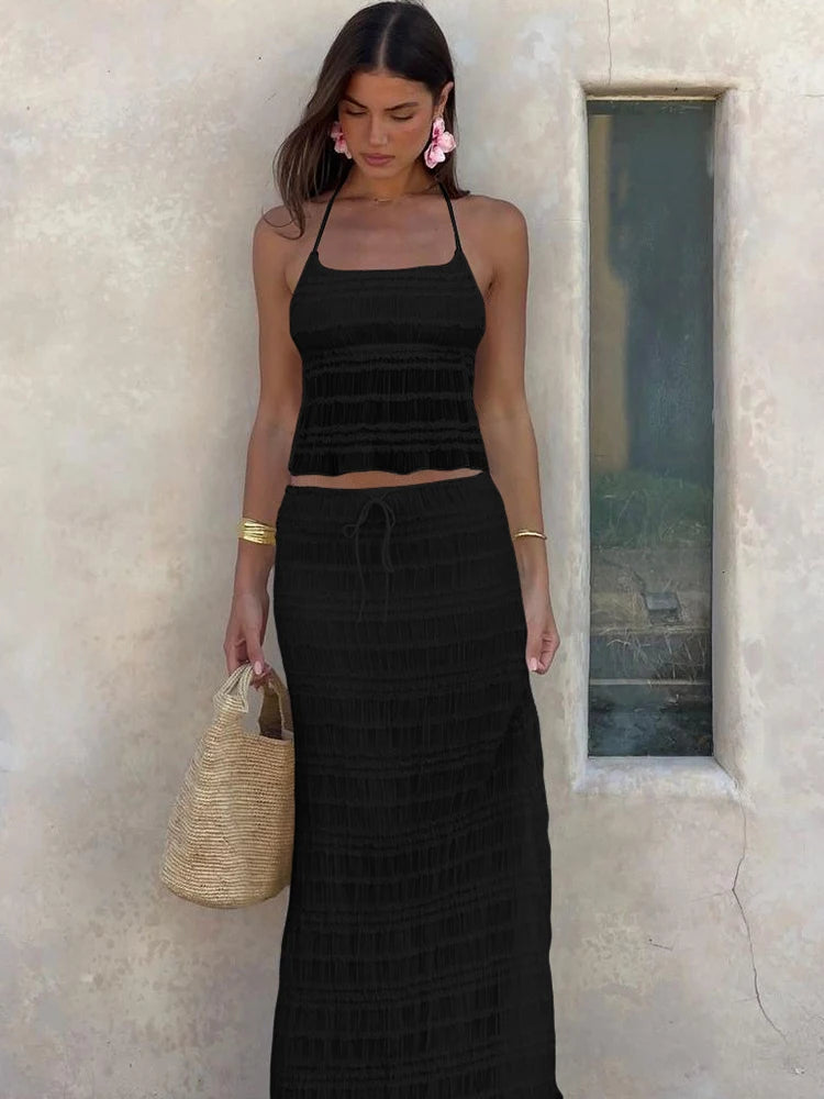 Mesh Sheer Lace-Up Backless Black Two Piece Skirt Set Secondary image