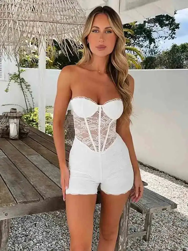 White Lace Ruffle Hollow Out Romper Main image