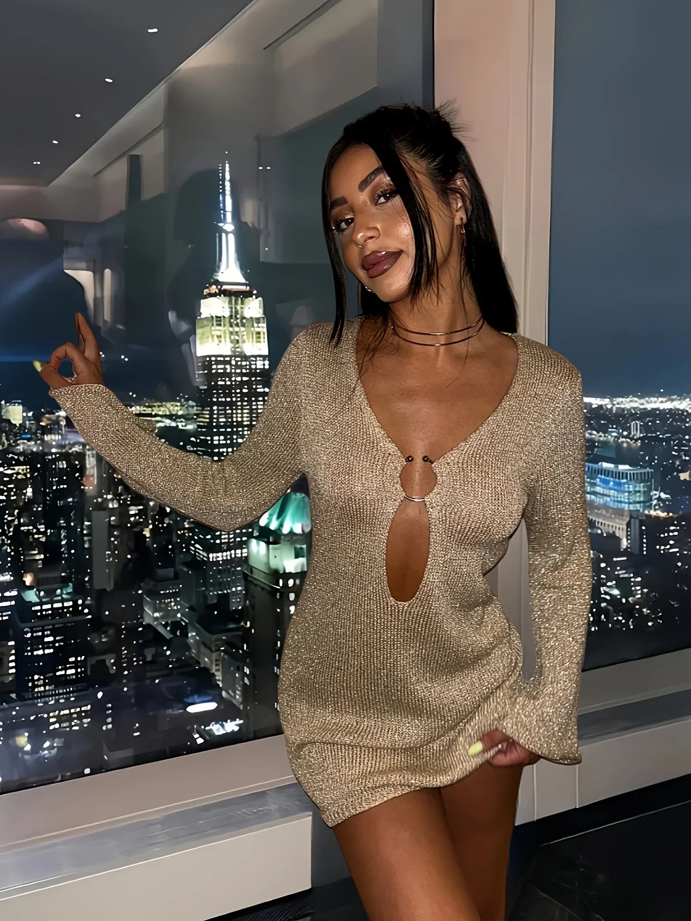 Knitted Flared Sleeve V Neck Mini Dress Main image