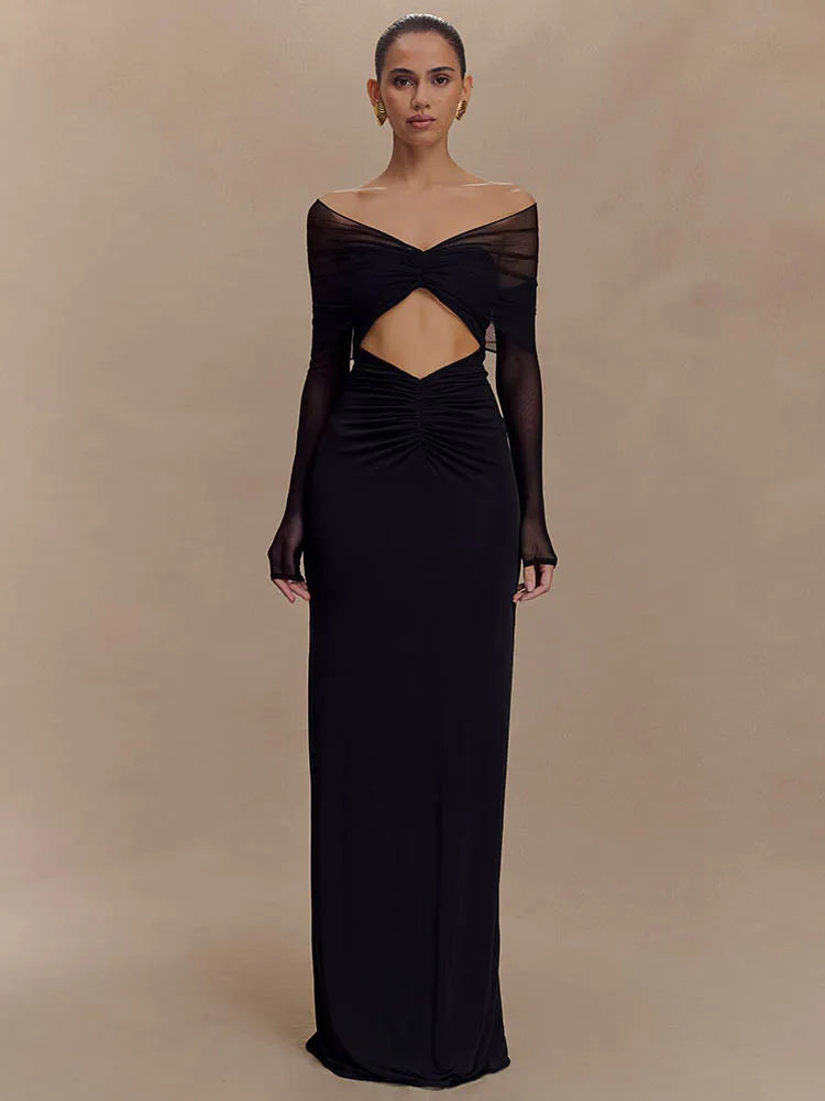 Hollow Out Ruched Maxi Prom Dress