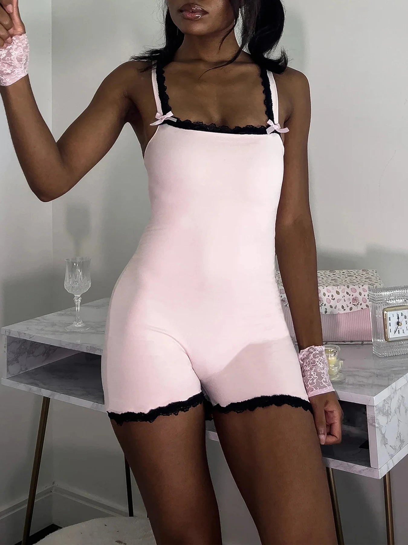 Lace Patchwork Square Collar Strap Romper Secondary image