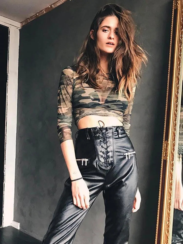Camouflage Print Mesh See Through Long Sleeve Sheer Top Secondary image