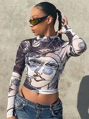 Graphic Print Mesh Long Sleeve Sheer Top