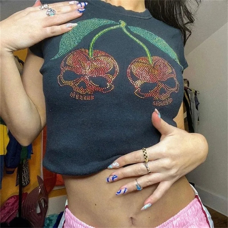 Skull Graphic Emo Rhinestone Crop Top Main image