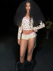 Leopard Print Hooded Jacket Tracksuit Two Piece Shorts Set