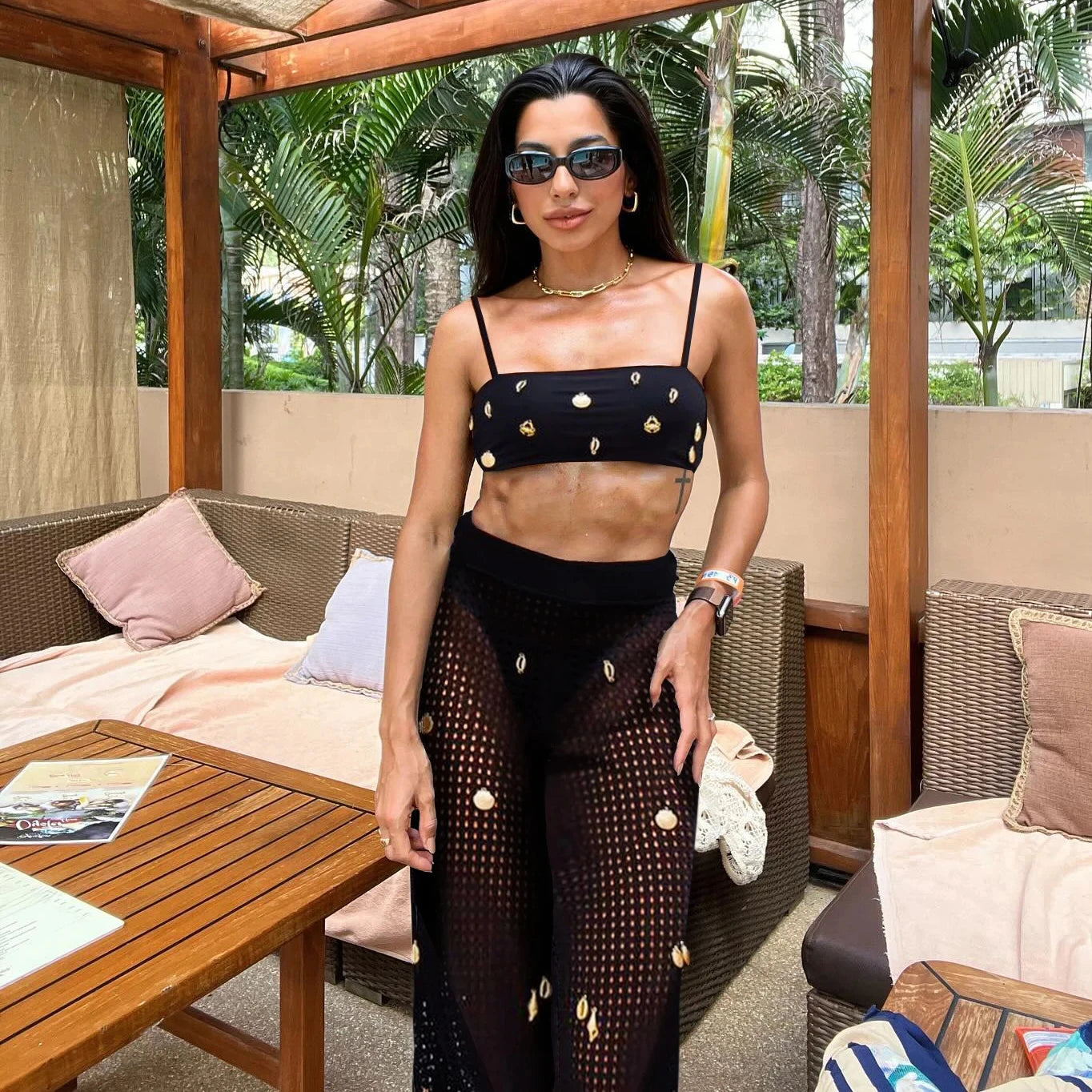 Crochet Pants One Shoulder Tassels Three Piece Swim Sets Main image