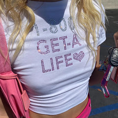 2000s Rhinestones Letter Print Gothic Crop Top