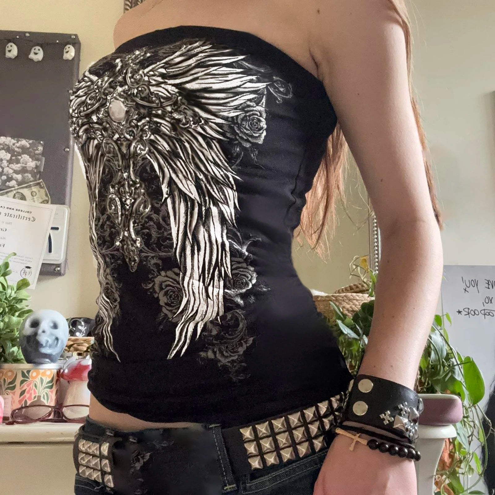 Gothic Wing Print Slim Fit Strapless Secondary image