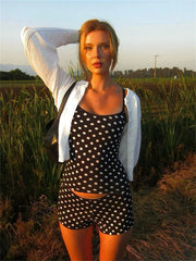 Polka Dot U-Neck Crop Tank Top Two Piece Shorts Set