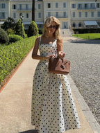 Polka Dot Square Neck Lotus Hem Silk Dress