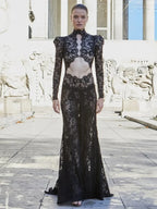 Hollow Out O-Neck Cut-Out Split Lace Dress