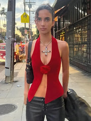 Floral Red Halter Backless Sheer Top