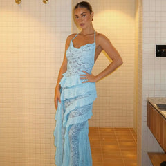 Lace Bodycon Ruffled Backless Summer Dress