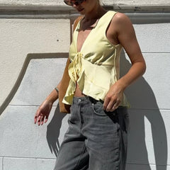 Bow Tie-up V-Neck Ruffled Hem Silky Cami Top