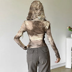 Tie Dye Ripped Hooded Sheer Top