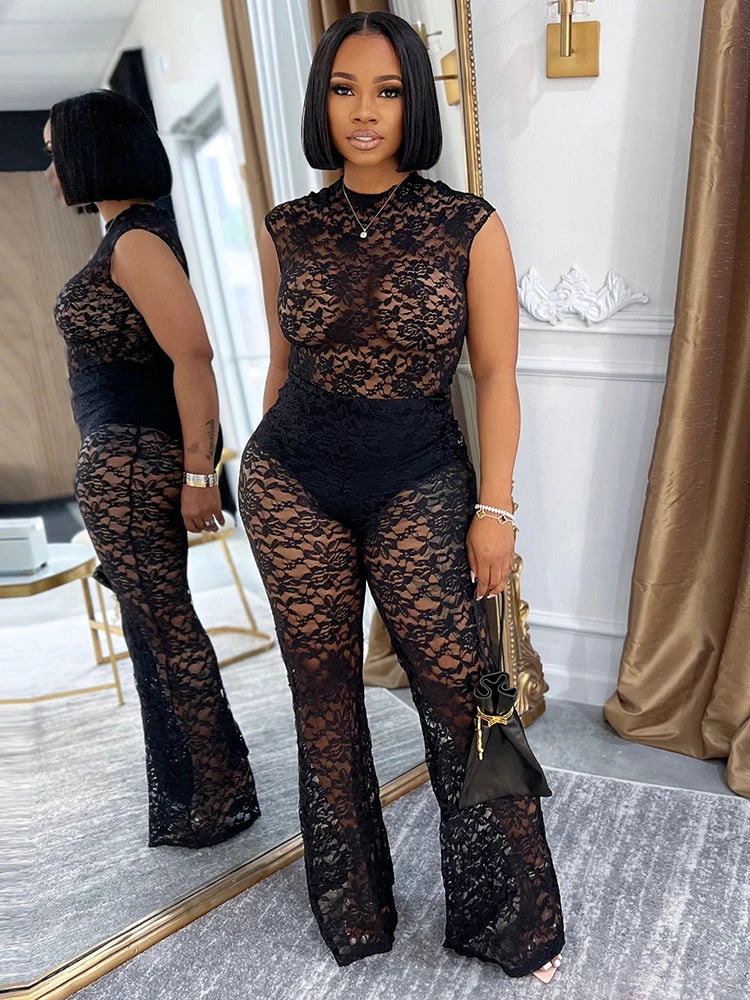 Mesh See Through Flared Two Piece Pants Set Secondary image