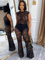 Mesh See Through Flared Two Piece Pants Set