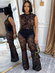 Mesh See Through Flared Two Piece Pants Set