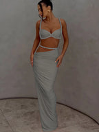 Orange Ruched Bandage Maxi Two Piece Skirt Set