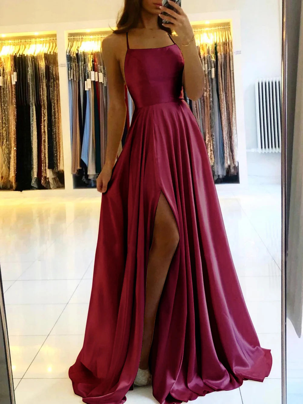 Blue Satin Spaghetti A-Line Prom Dress