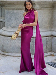 Satin Scarf Collar Halter Maxi Dress