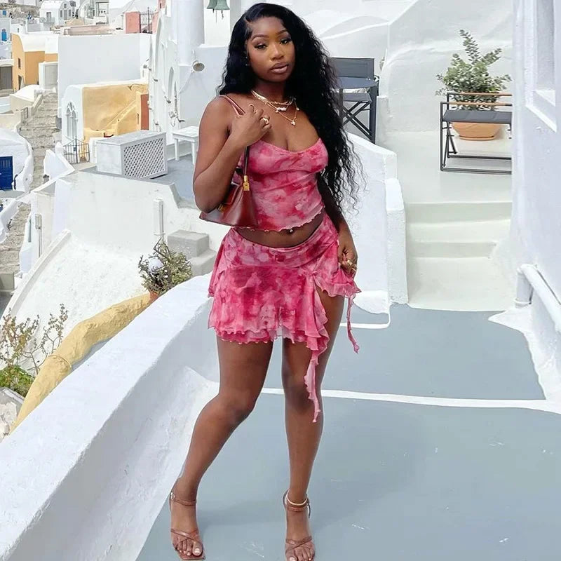 Pink Mesh Sheer Ruffle Mini Two Piece Skirt Set Secondary image