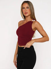 Pearl Patchwork Skew Collar Backless Cami Top