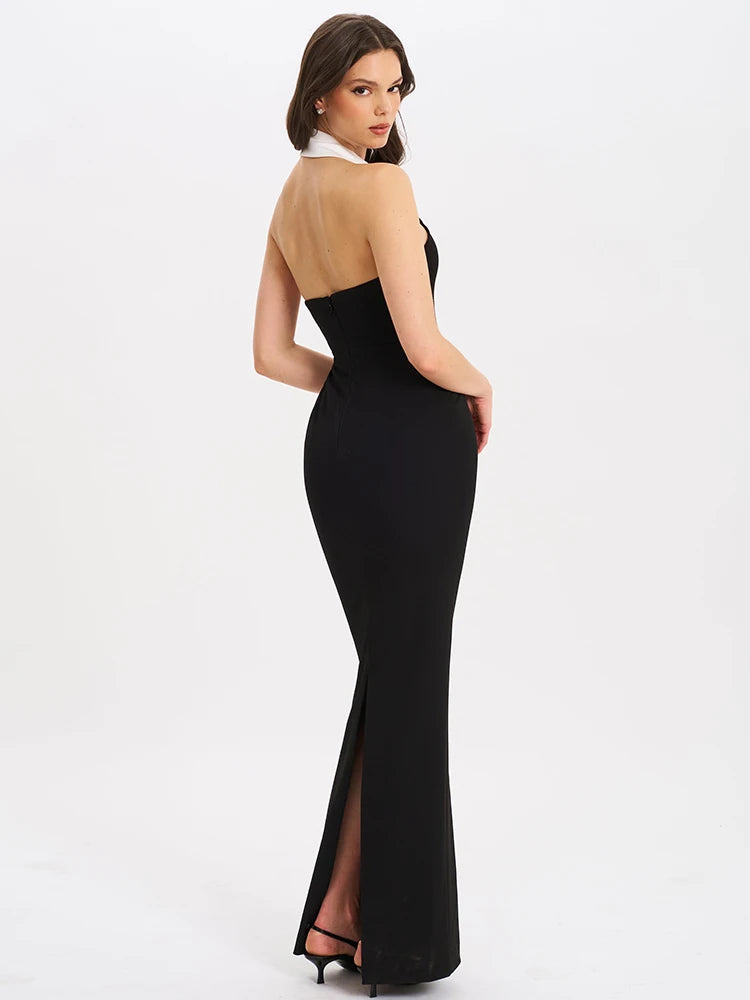 Color Block Notched Halter Maxi Dress