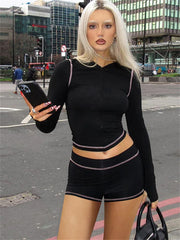 Leopard Print Hooded Cardigan Top High Waist Two Piece Shorts Set