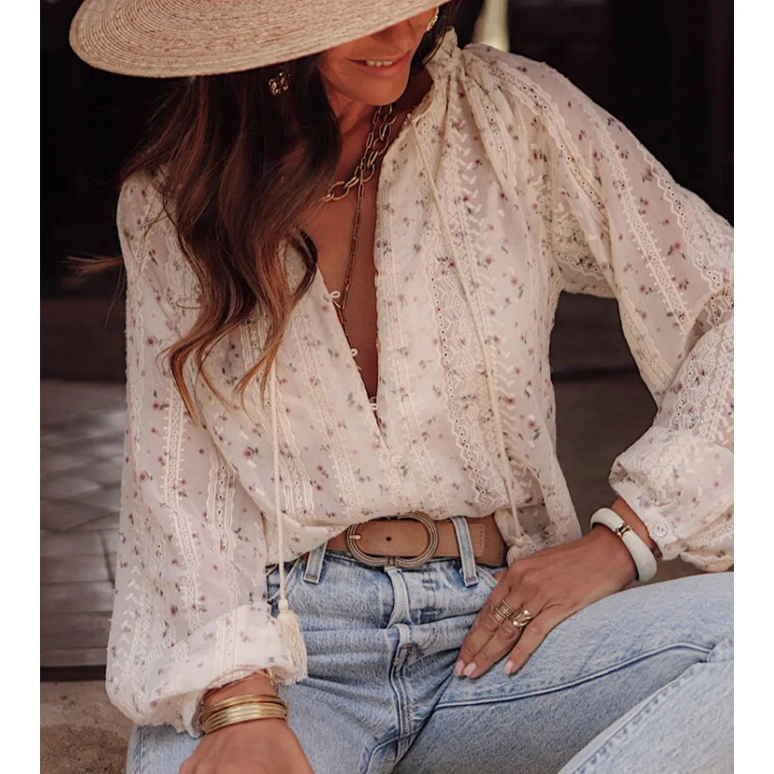 Boho Floral Printed Tassel Blouse Main image