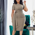 Pleated Band Collar Short Sleeve Pure Color Work Dress