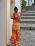 Vintage Print Cover Up Suspenders  Three Piece Swim Sets