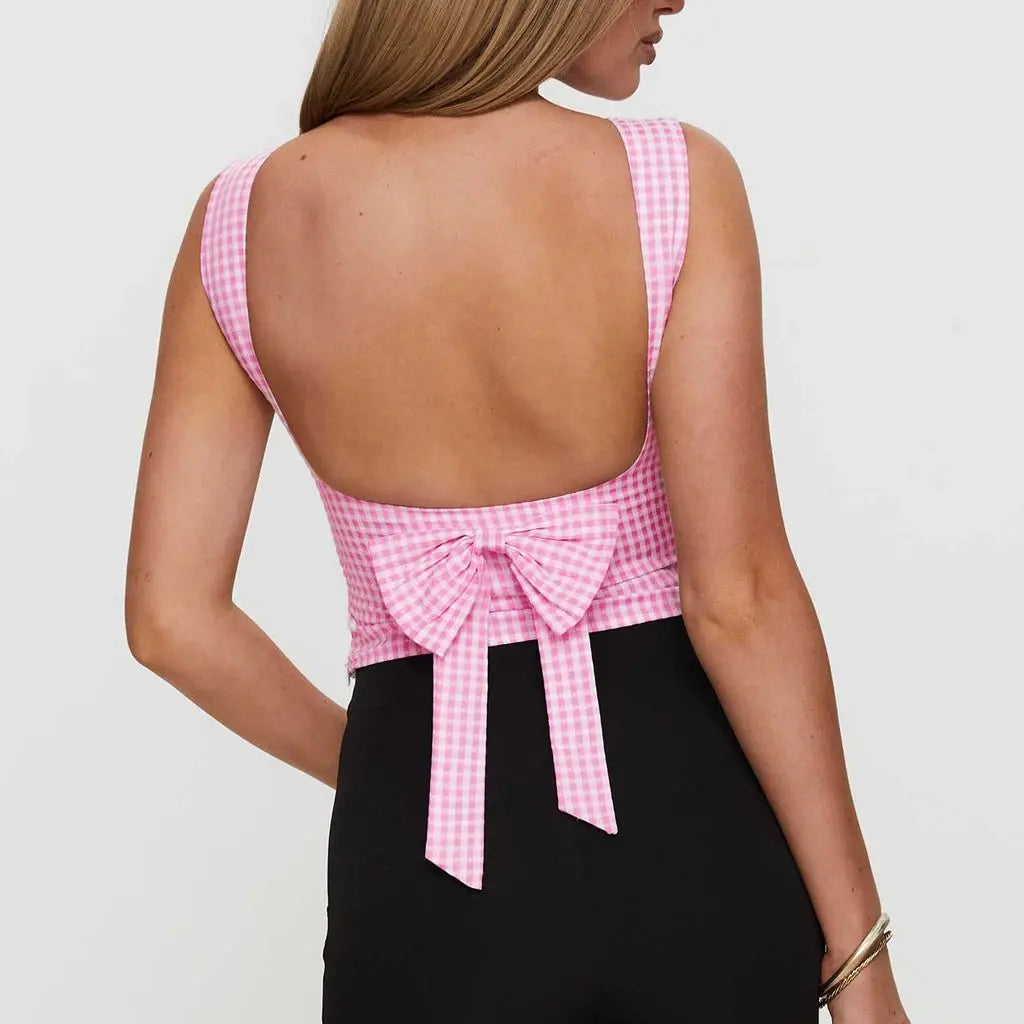Y2K Cute Open Back Bow Decor Slim Fit Plaid Cami Top Secondary image