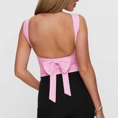 Y2K Cute Open Back Bow Decor Slim Fit Plaid Cami Top