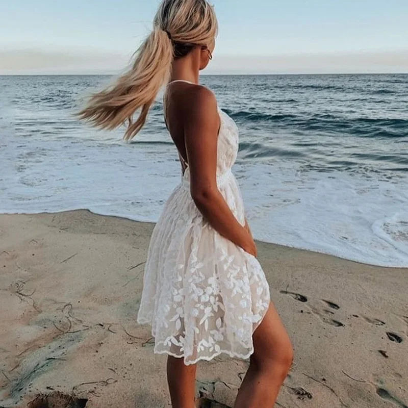 Embroidery Sling Backless White Lace Dress Secondary image