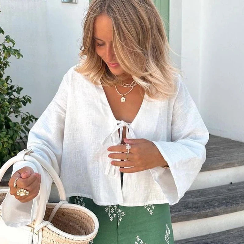 Lace Up Bow Cotton Linen Flare Sleeve Blouse Main image