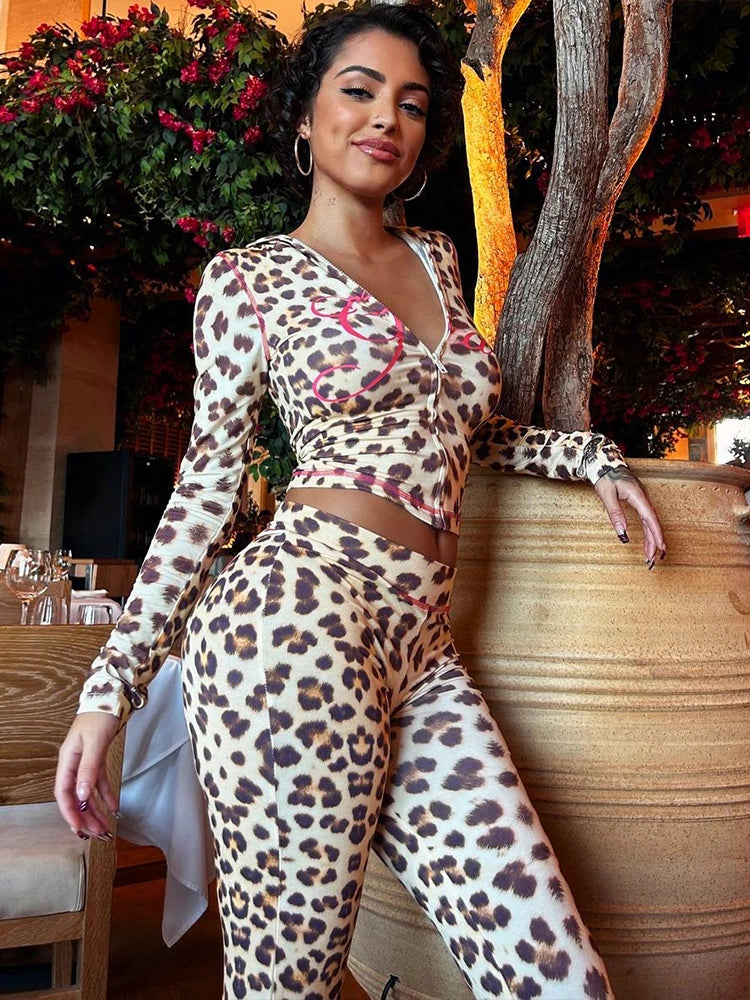 Leopard Flare Pant Slim Knit Set Secondary image