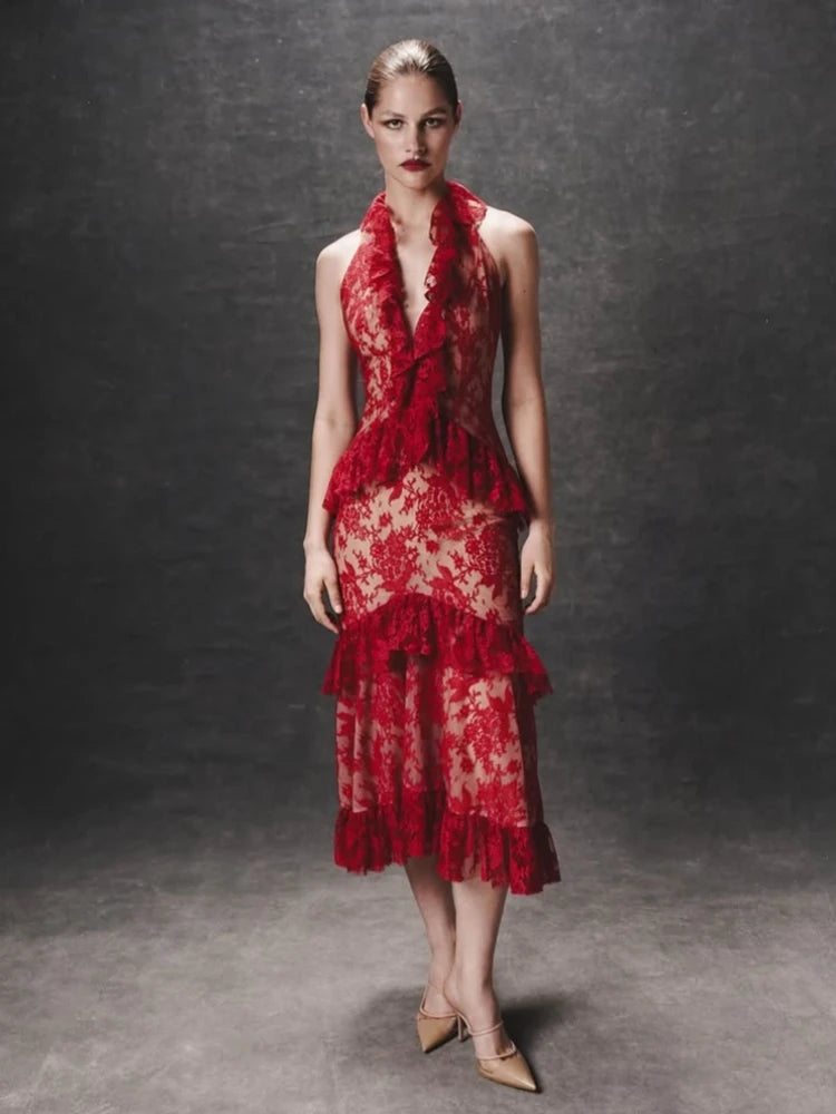 Halter Ruffles Floral Slim Midi Lace Dress