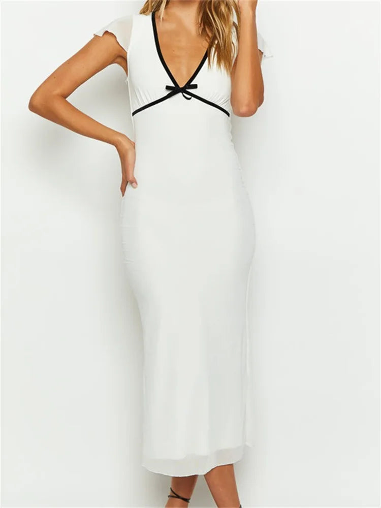 Elegant Summer Skinny White Short Sleeve Deep V Neck Contrast Midi Dress
