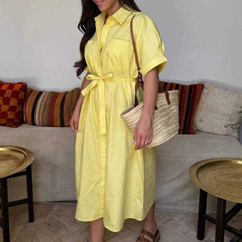Lapel Tie Up Short Sleeve Single Breasted Long Work Dress