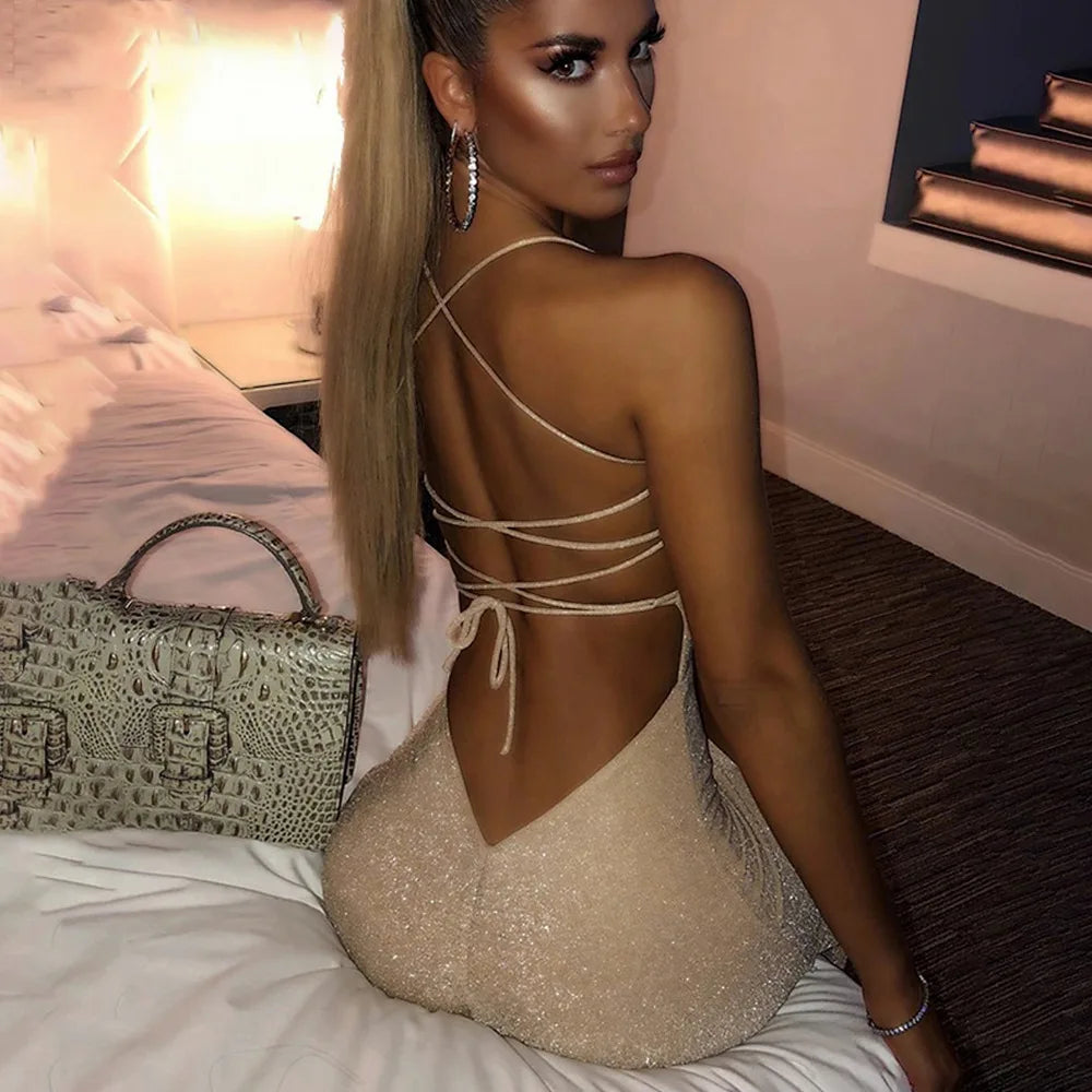 Diamond Low-Neck Backless Lace Up Slip Dress