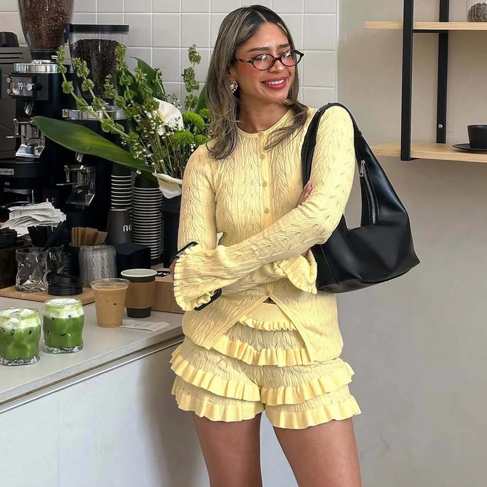 Knit Cardigan Ruffle Sleeve Top Solid Two Piece Shorts Set Secondary image