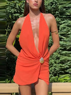 Lace-Up Backless V Neck Halter Mini Dress