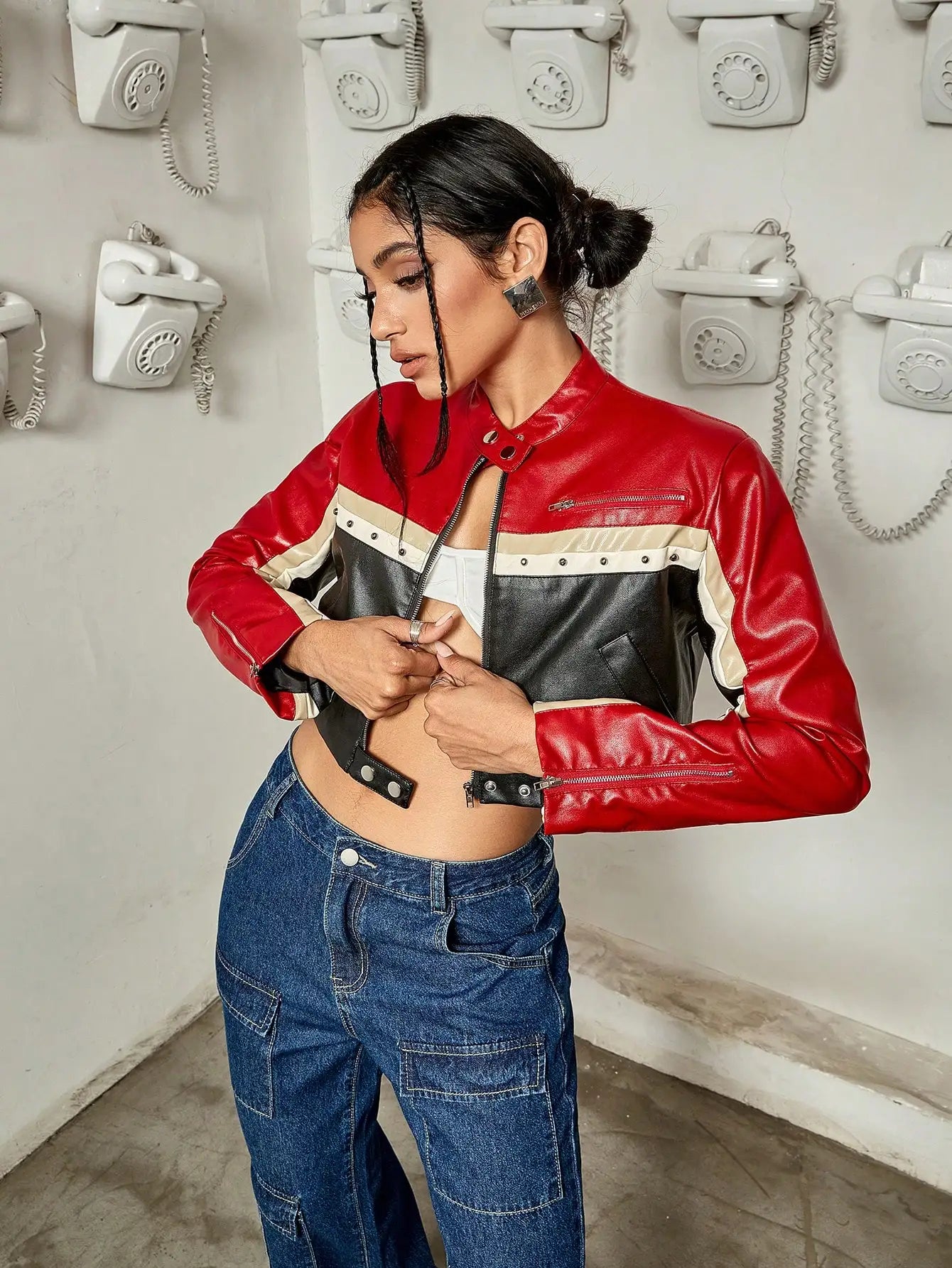 Patchwork Letter Zip Crop Jacket Main image