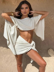White Cotton Linen Elegant Summer Mini Two Piece Skirt Set
