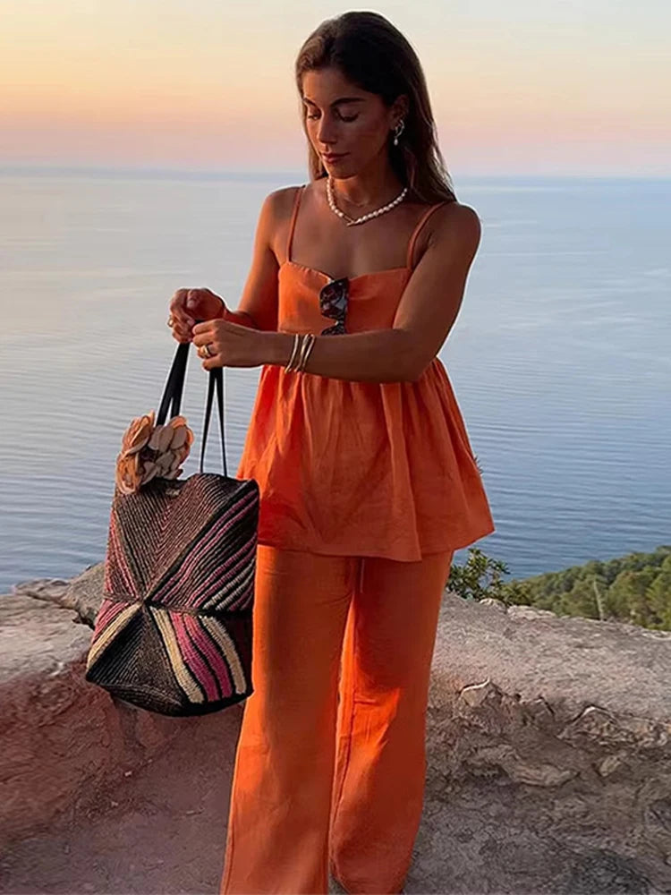 Orange Ruffles Pleated Two Piece Pants Set Main image