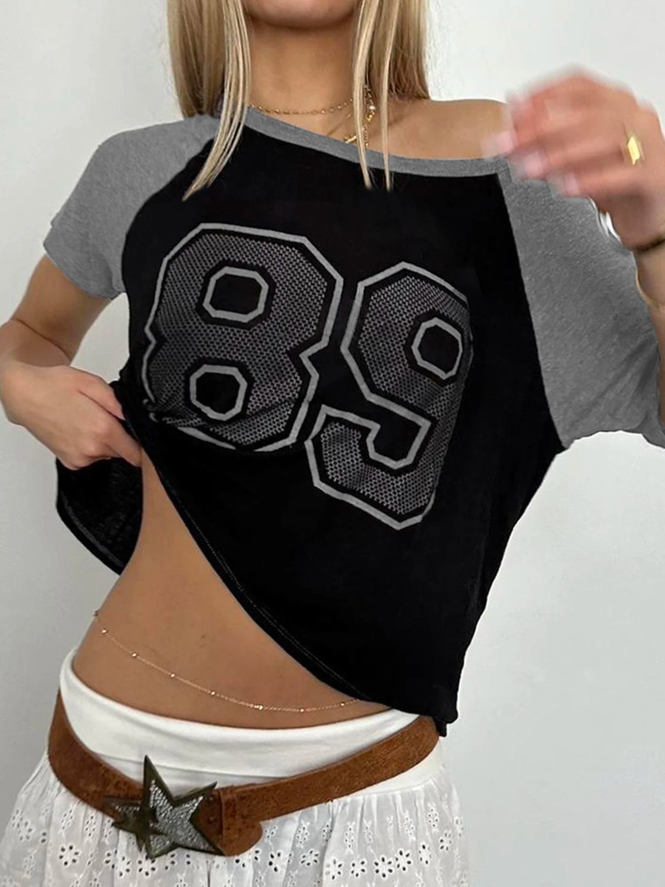 Retro Football Jersey Patchwork Crop Top Secondary image